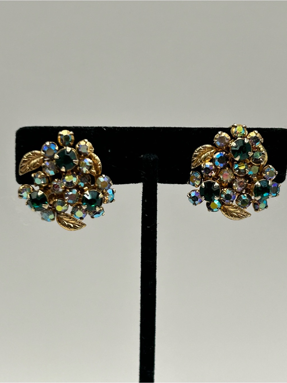 Albert Weiss Gold-Tone Floral Clip Earrings with Green and Aurora Stones